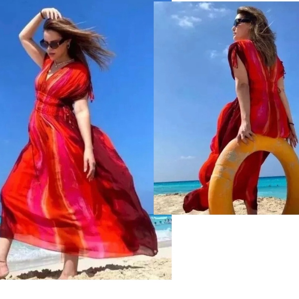 Zara red pink tie-dye BoHo V-neck midi dress Sz M tropical beach vacation NWOT - Picture 4 of 16